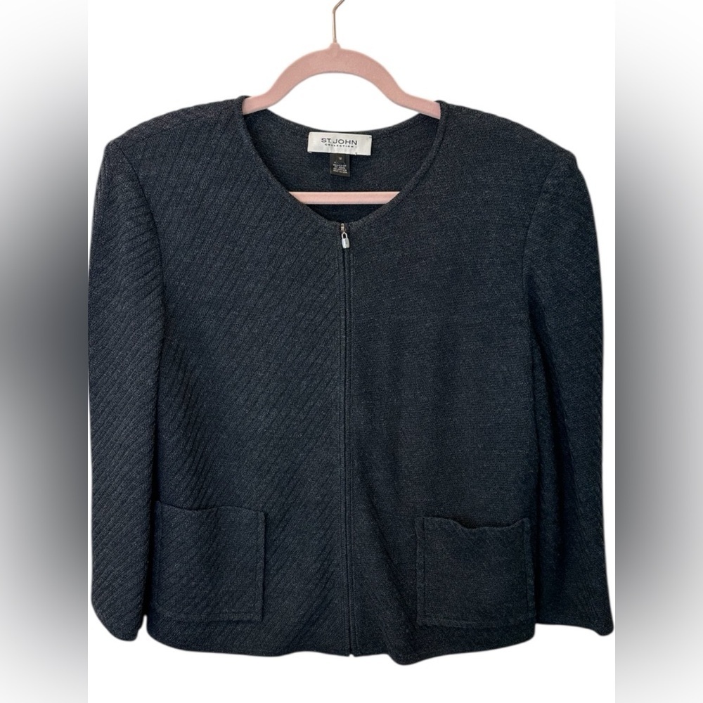 St. John Collection Black Wool Blend Textured Knit Zip Jacket 12 Classic Luxury